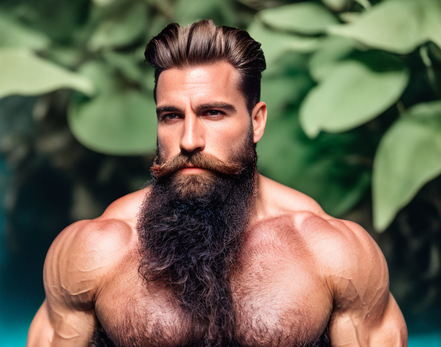 Muscular man with long beard and styled hair in front of green foliage