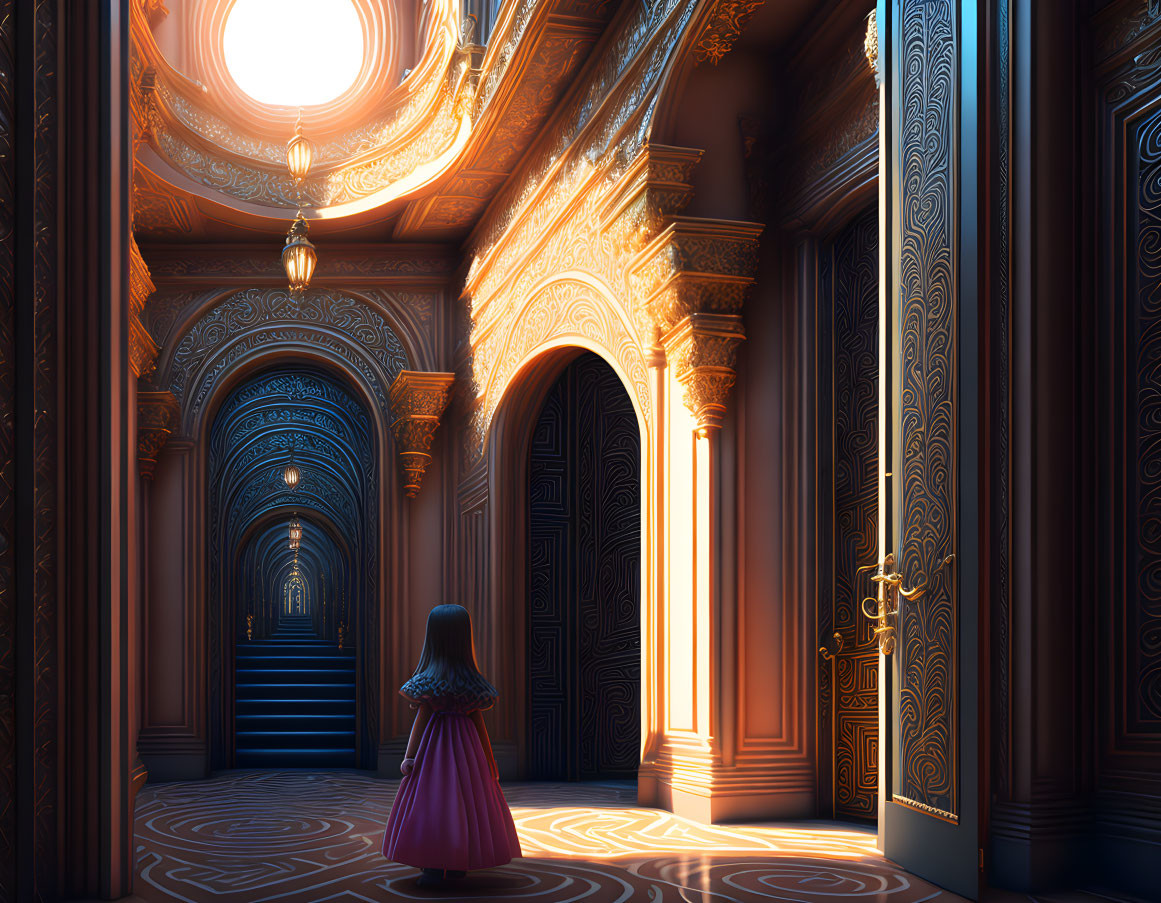 Girl in Purple Dress Standing in Ornate Hallway with Glowing Lanterns