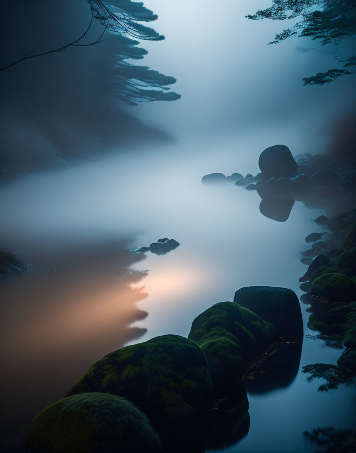 Tranquil twilight scene of misty river with moss-covered rocks and overhanging trees