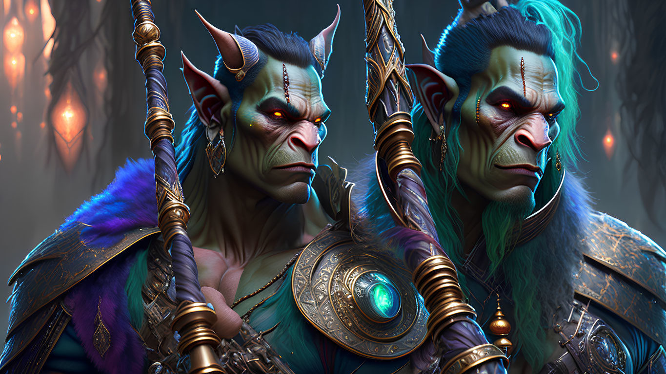 Fierce orc characters in tribal armor in dark forest.