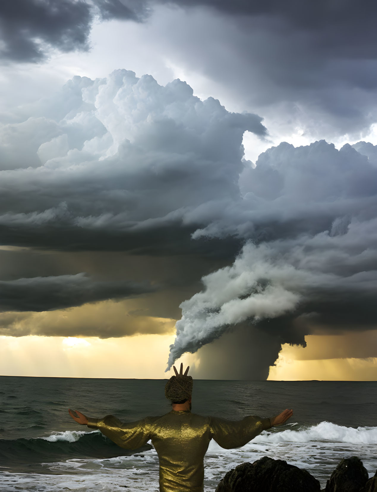 Person with outstretched arms against stormy ocean backdrop