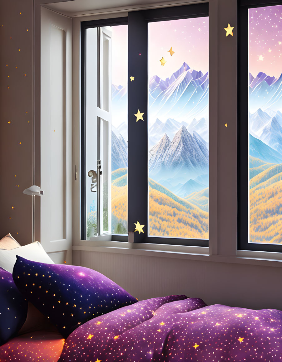 Bedroom with Star-Patterned Bedding and Mountain View at Twilight