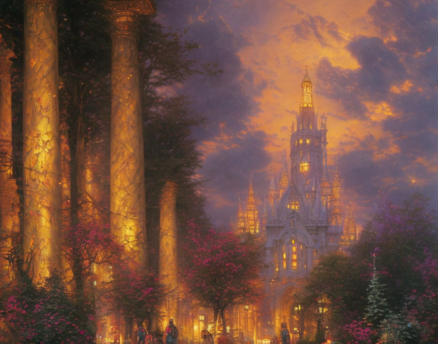 Twilight castle with towering columns and vibrant flora under dramatic sky