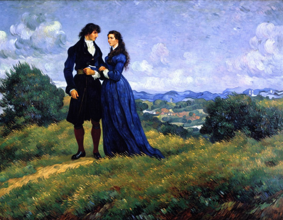 Romantic painting of man and woman holding hands in meadow with village and hills in background