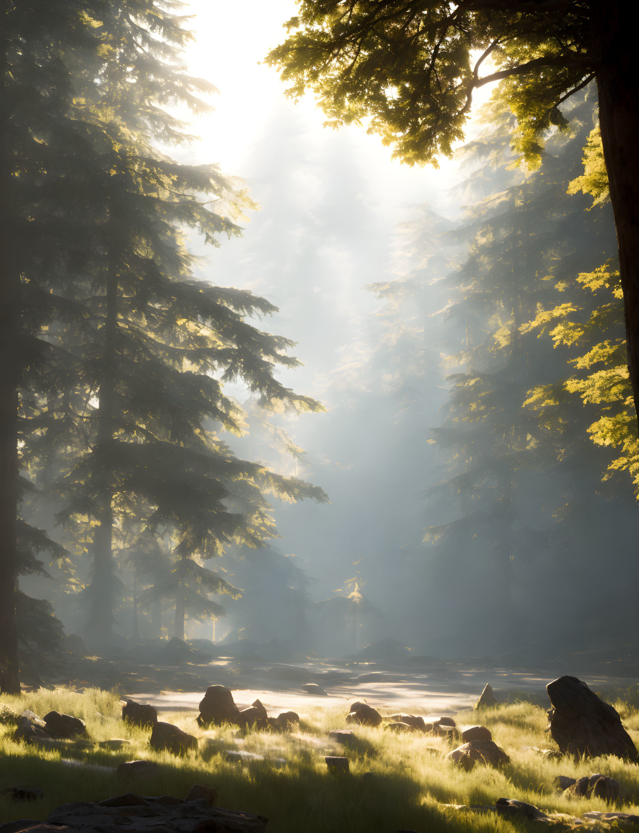 Misty forest with sunlight filtering through trees