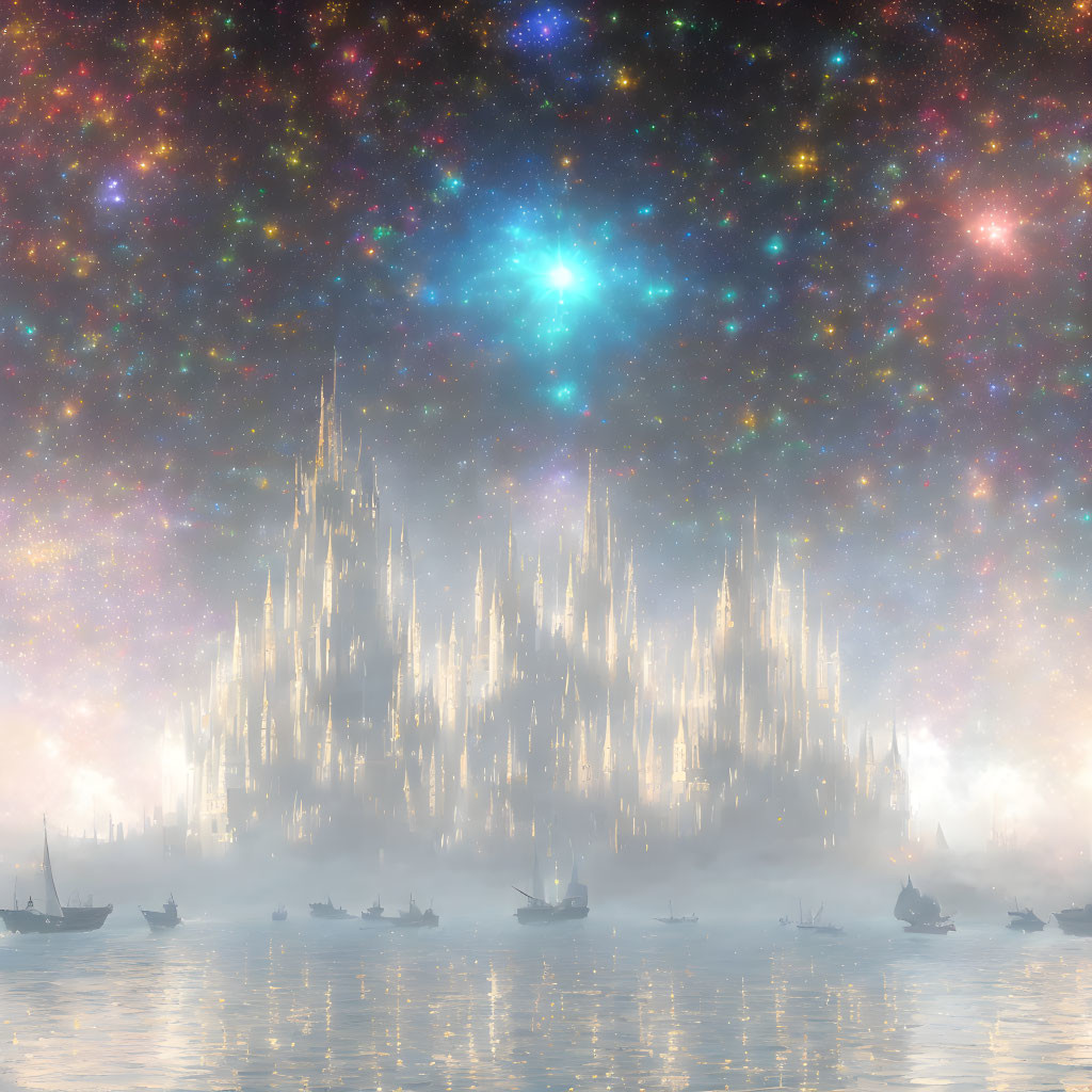 Fantastical cityscape with misty spires under starry night sky.