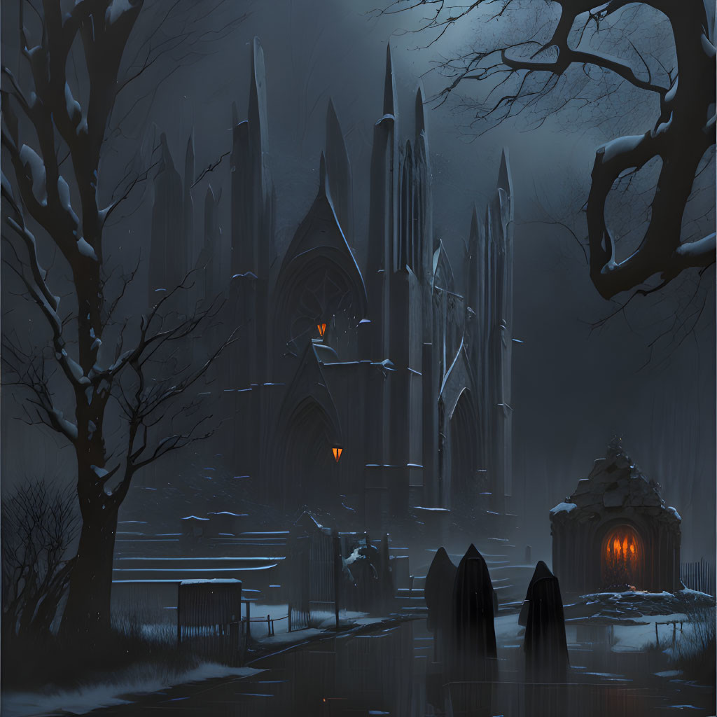 Gothic cathedral scene with cloaked figures on snowy night