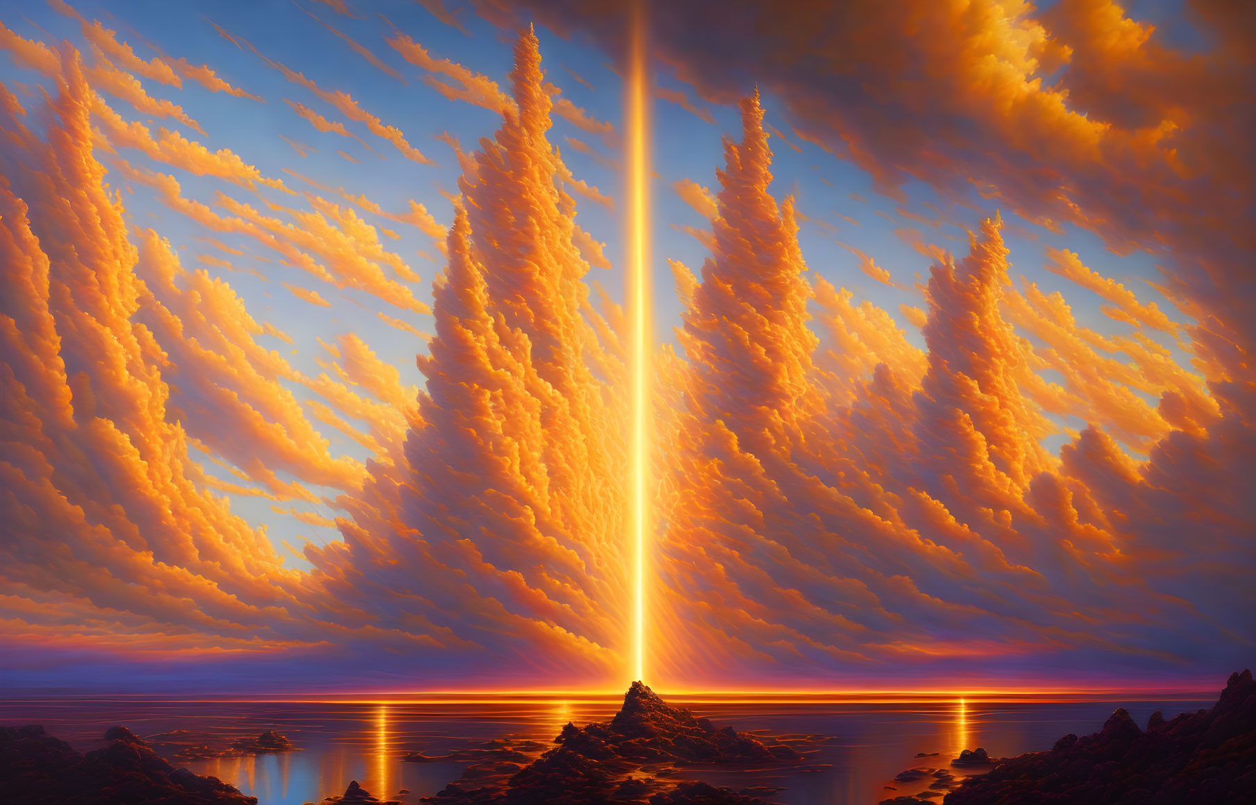 Fiery Orange Clouds and Vertical Light Beam Illuminate Serene Sea at Sunrise or Sunset