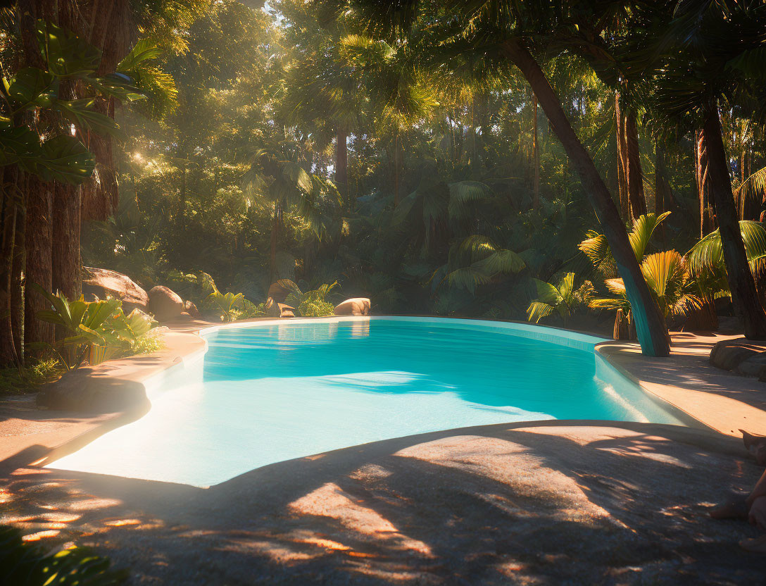 Tranquil sunlit swimming pool in lush tropical setting