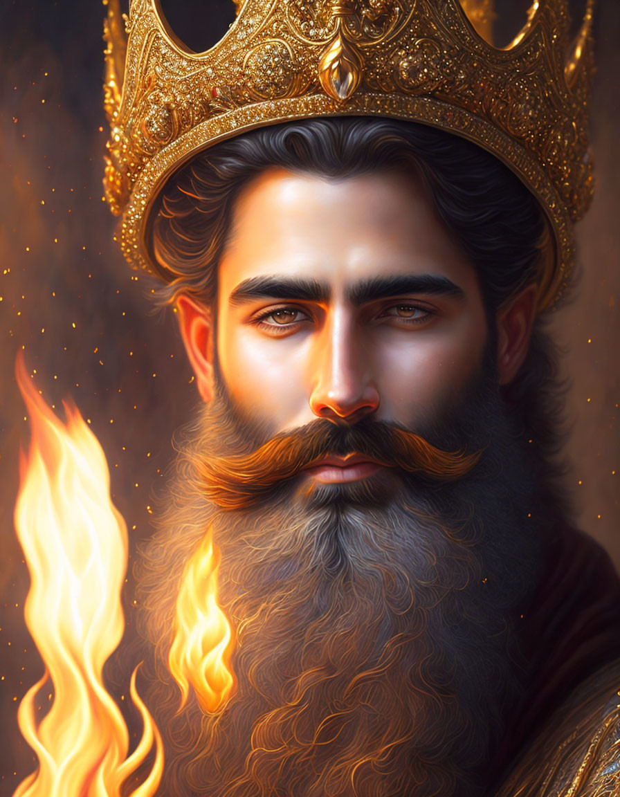 Regal portrait of a bearded king with a golden crown and fiery flames, exuding power and