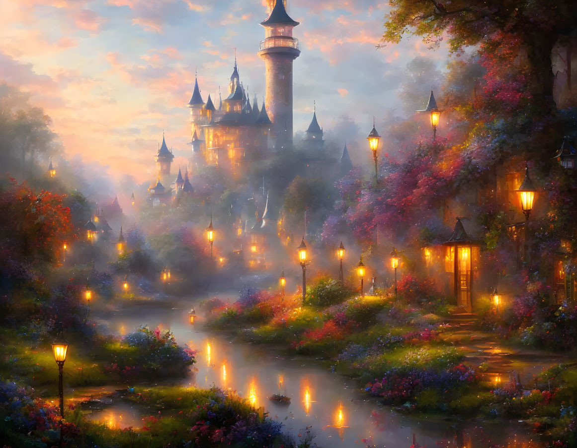 Enchanted castle surrounded by blooming gardens, mist, serene river, lanterns