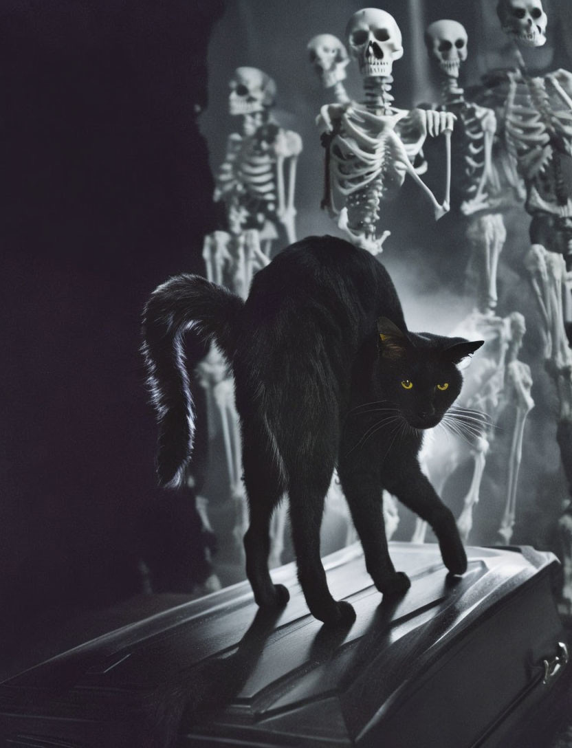 Black Cat with Glowing Eyes and Human Skeletons in Eerie Setting