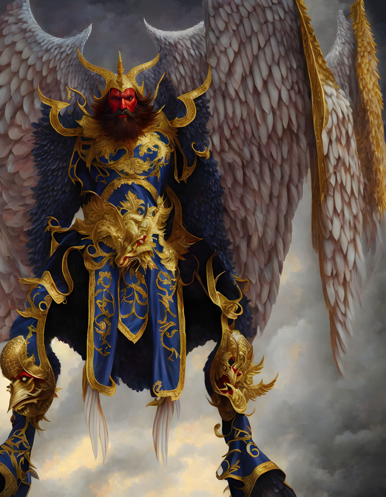 Majestic winged figure in golden and blue armor with red mask against cloudy sky