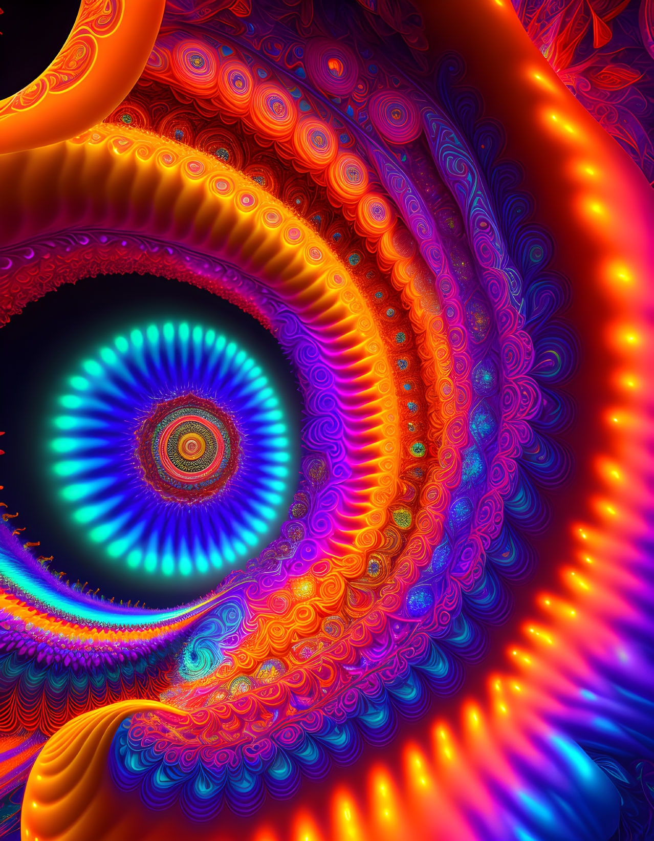 Colorful swirling fractal image in blue, orange, and purple hues