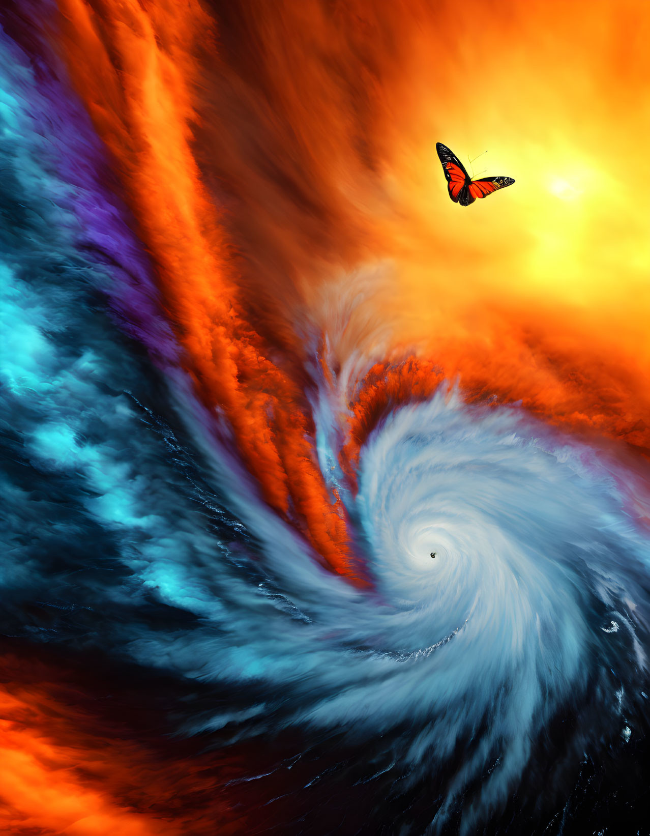 Vibrant digital artwork: Butterfly over fiery blue vortex