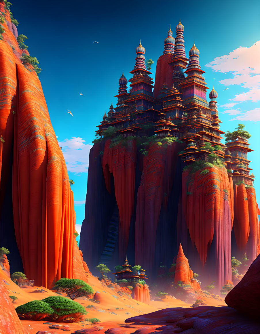 Red Cliffs with Multi-Tiered Towers and Blue Sky