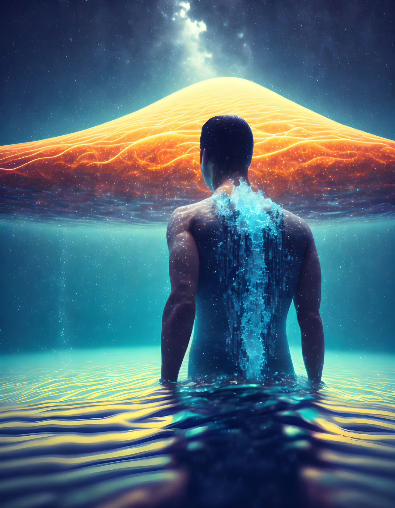 Man immersed in water under glowing fiery wave at night