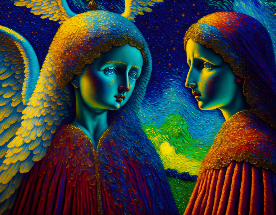 Vibrant angelic figures with blue faces and red wings on vivid background