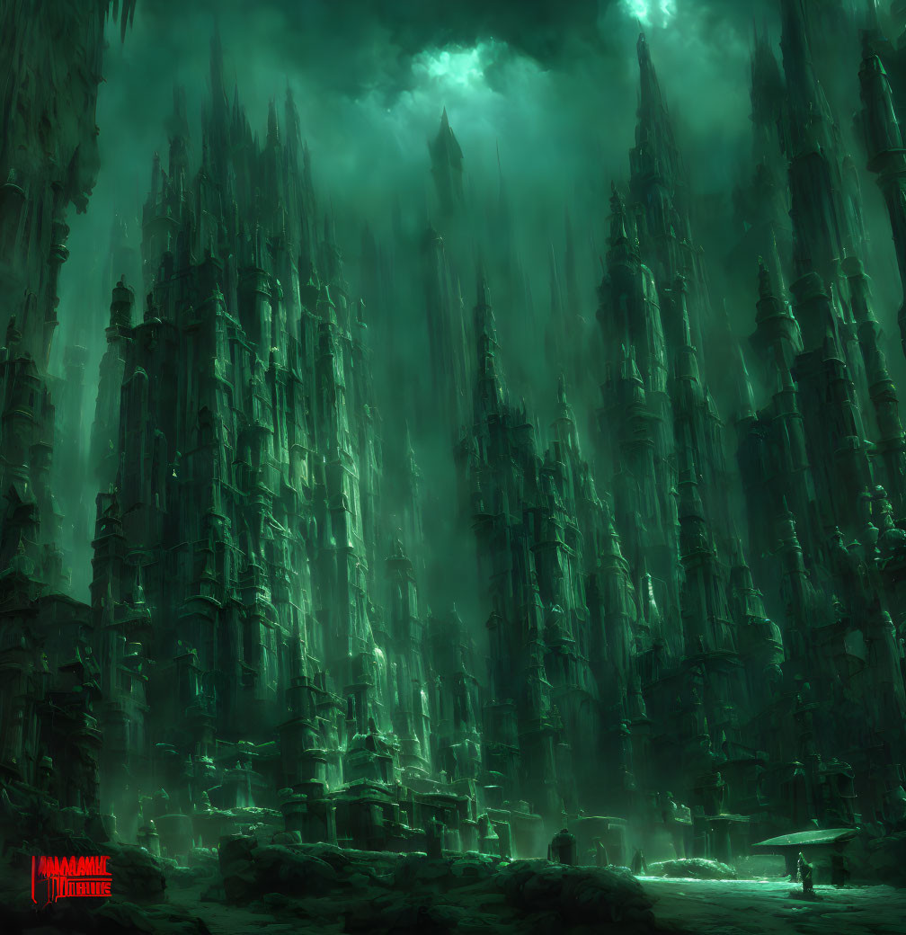 Gothic cityscape with shadowy figure in murky green atmosphere