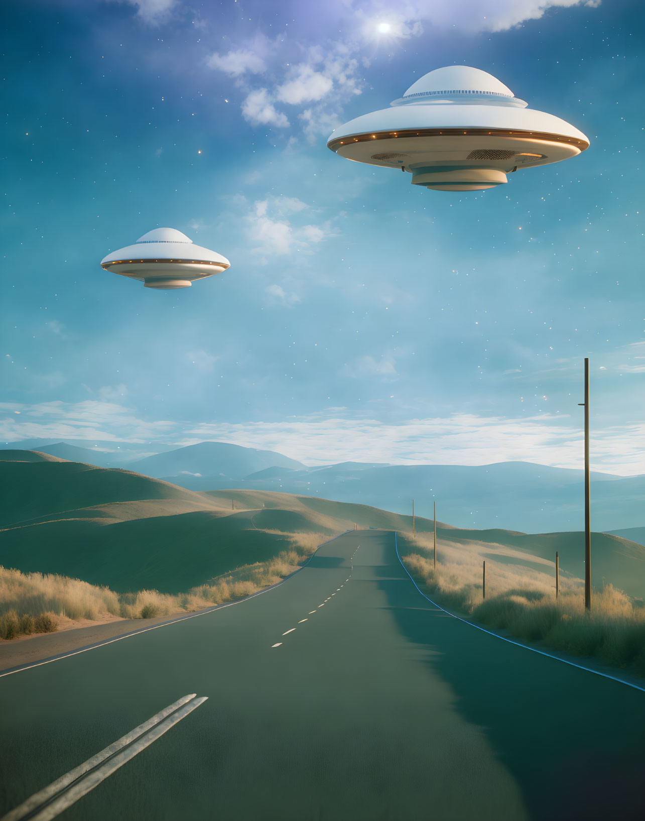 Highway through rolling hills with UFOs in starry sky