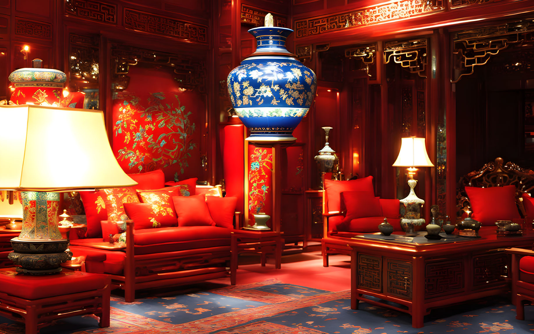 Opulent Traditional Chinese Interior in Red and Gold