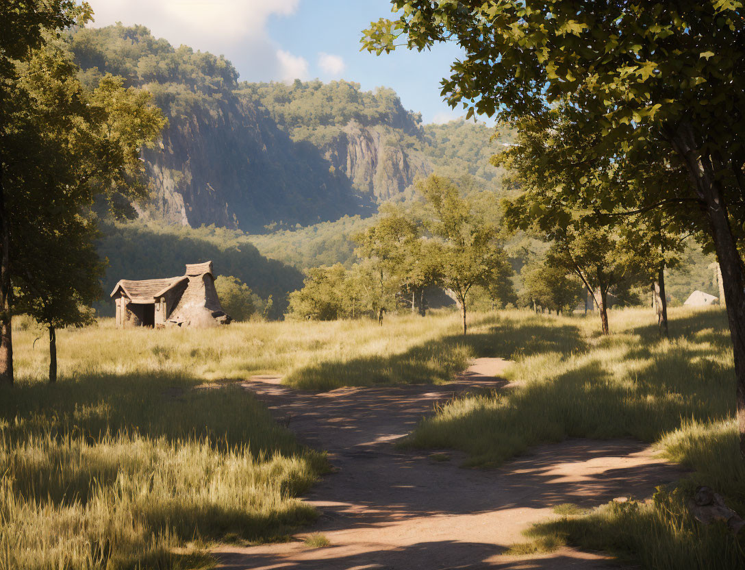 Wooden cabin near mountain with dirt pathway in sunny field.