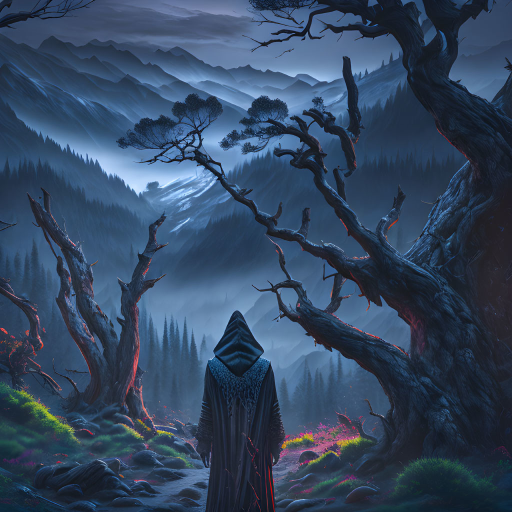 Cloaked figure in mystical landscape under twilight sky