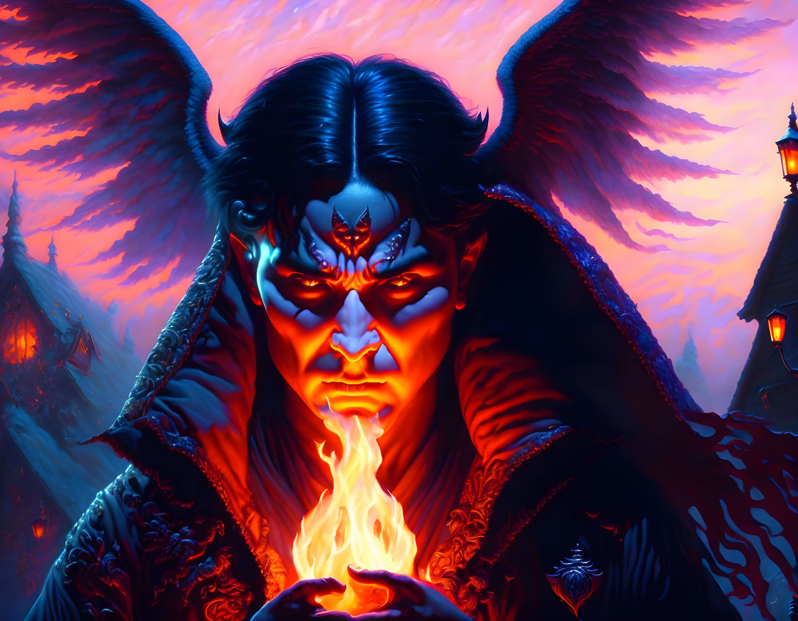 Demonic fantasy character with horns, wings, glowing eyes, and fireball in hand against hellish