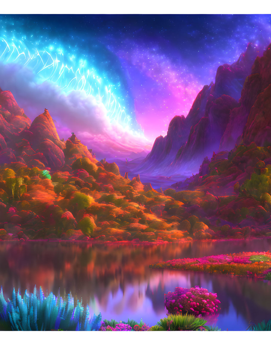 Colorful Landscape with Mountainous Backdrop, Glowing Aurora, and Reflective Lake