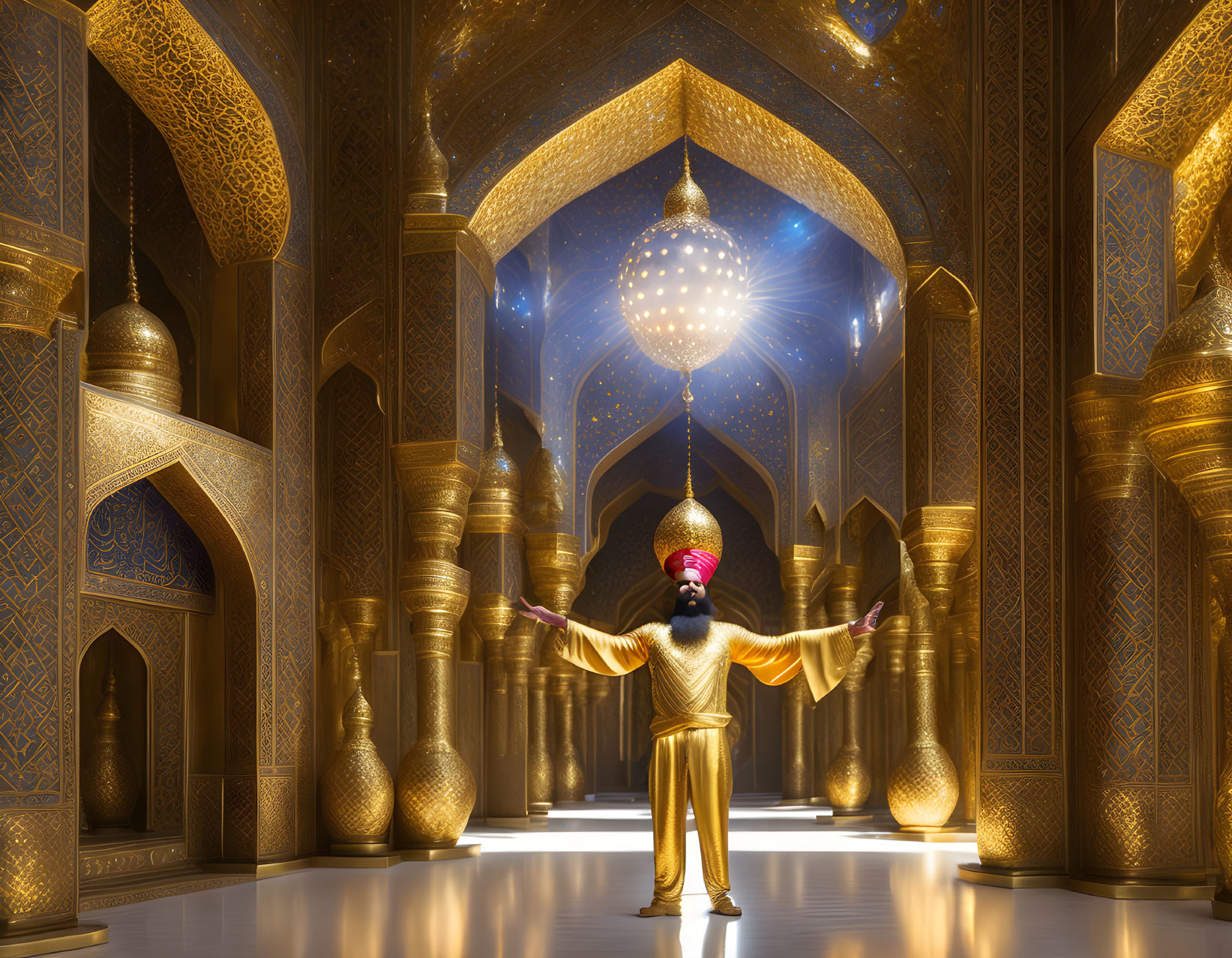 Traditional Attire Man in Ornate Golden Hall