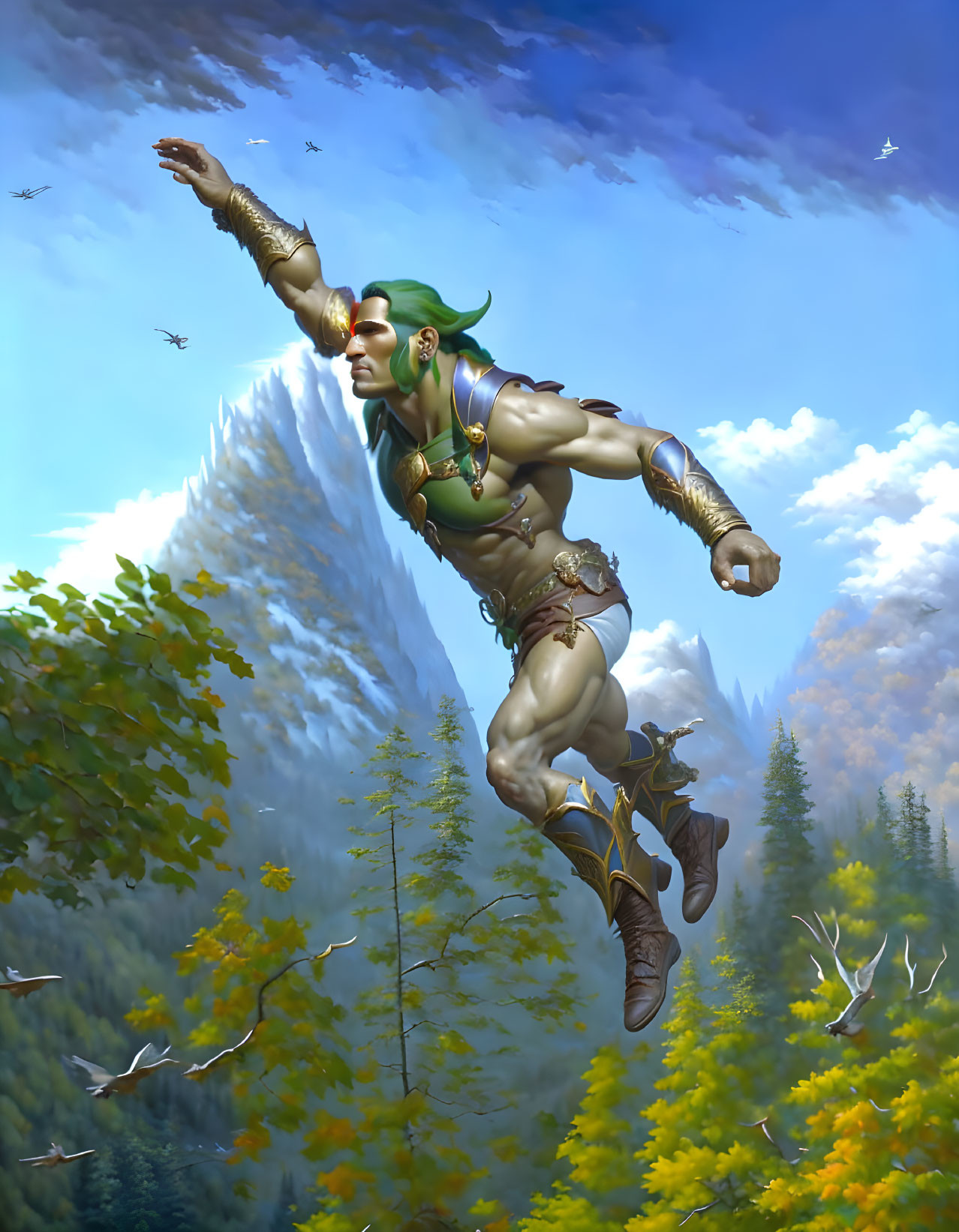 Muscular elf-like character leaping above forest and mountains