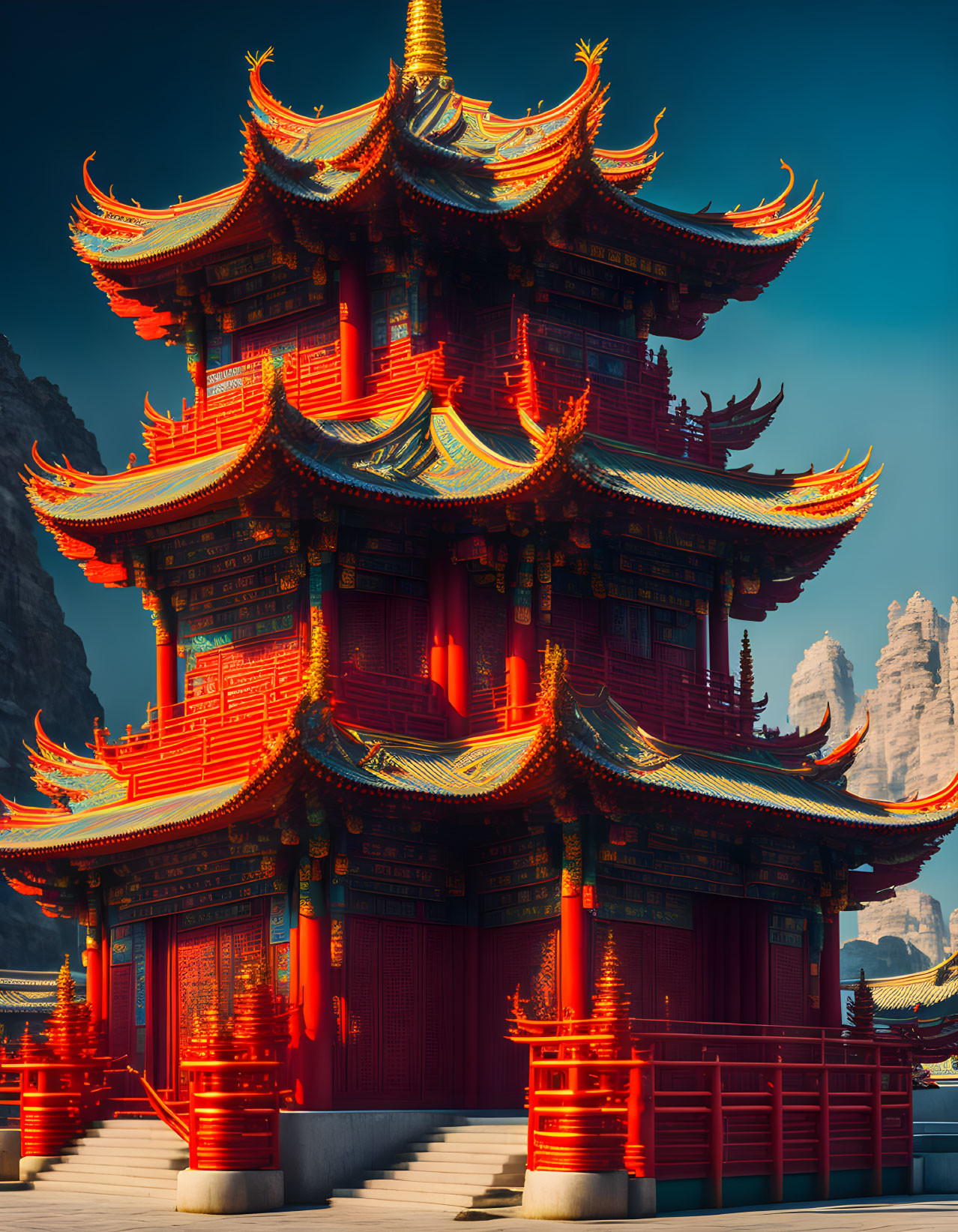 Traditional Chinese Pagoda in Red and Gold Against Blue Sky