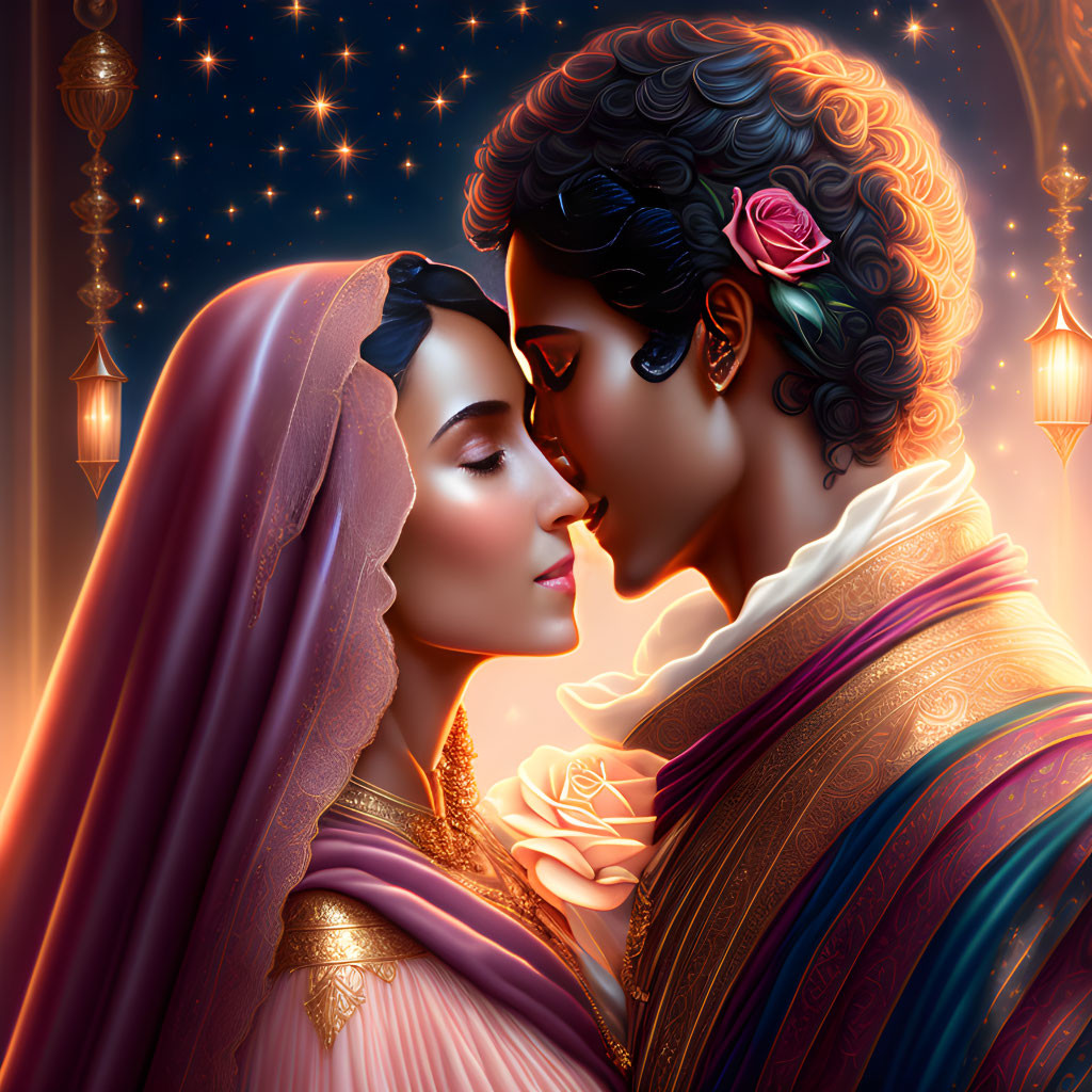 Illustration of couple in traditional attire against ornate, starry backdrop