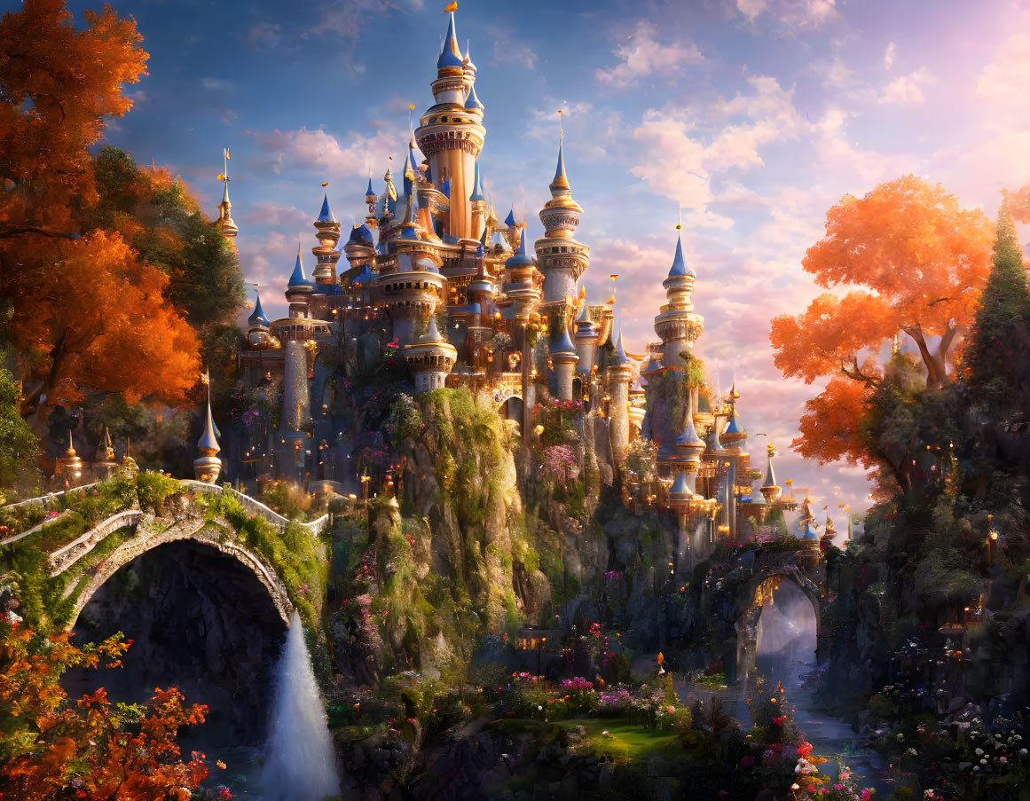 Fairy-tale castle on green hill with waterfalls and autumn trees