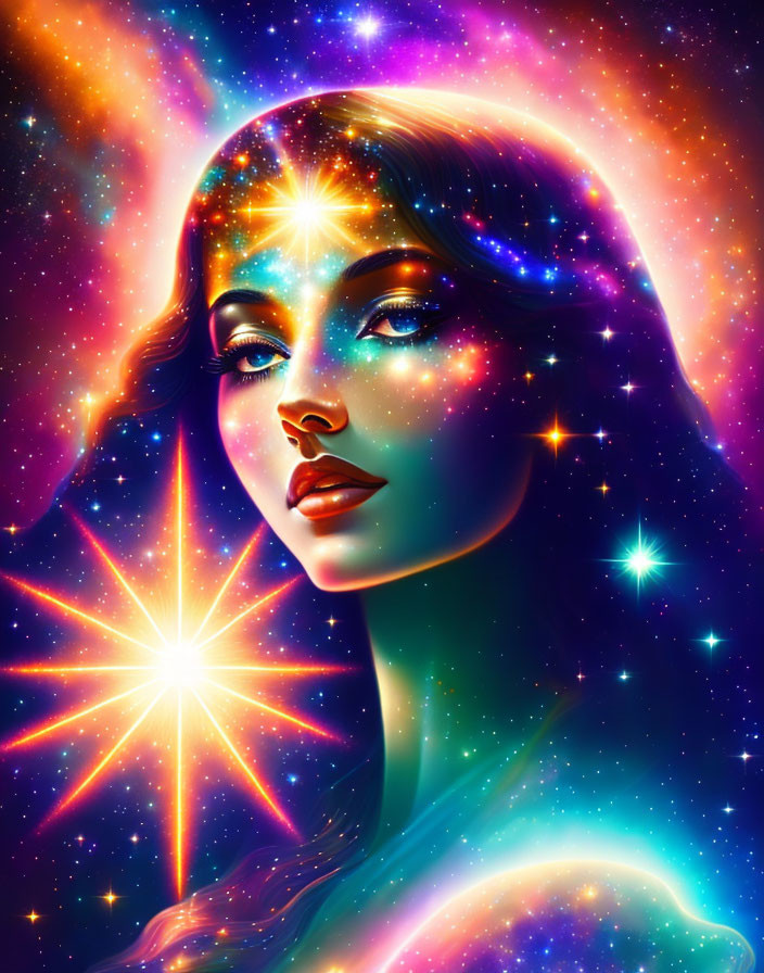 Celestial-themed portrait of a woman with glowing nebulae and stars.