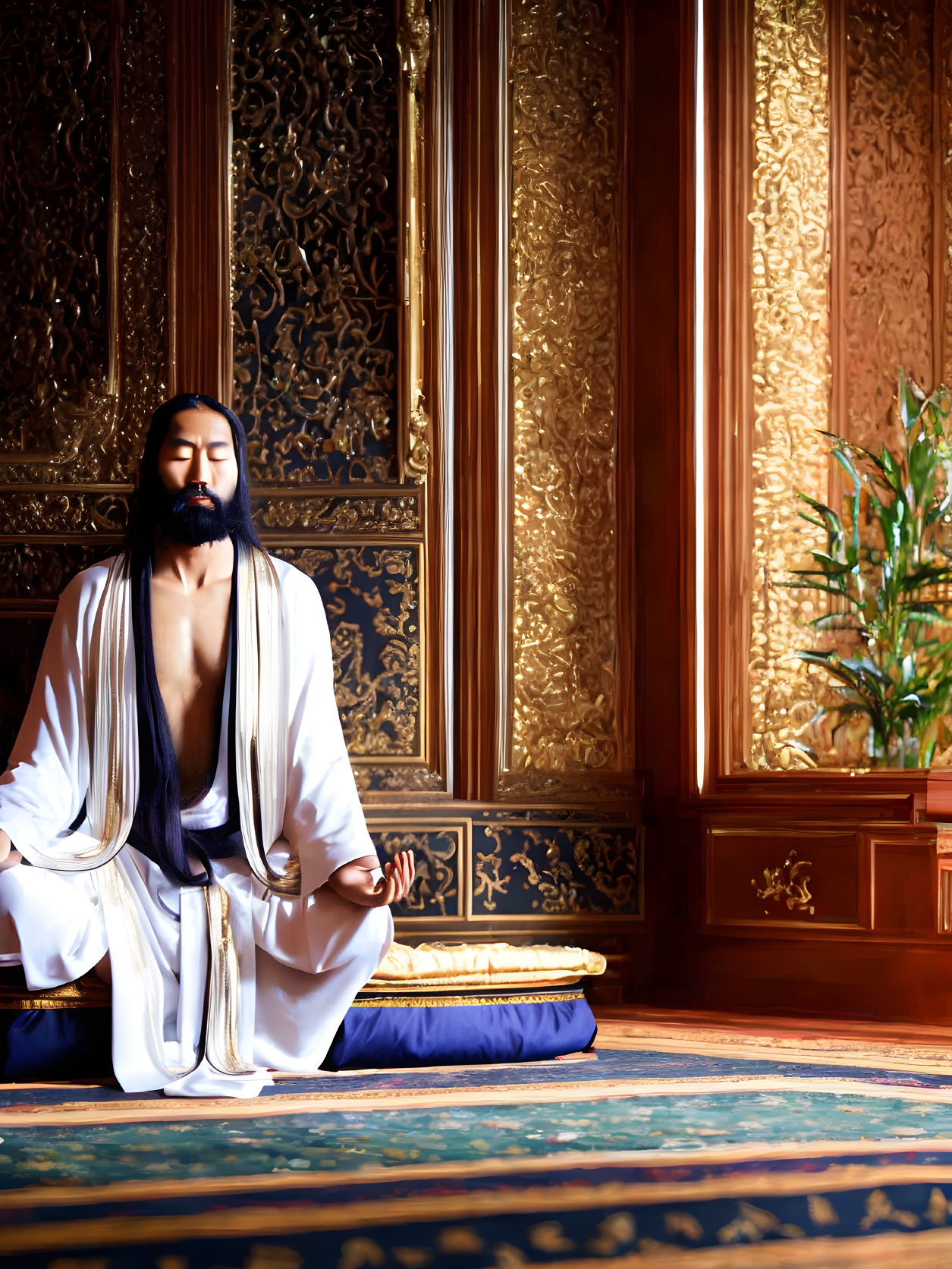 Person meditating in room with traditional golden patterns and sunlight.