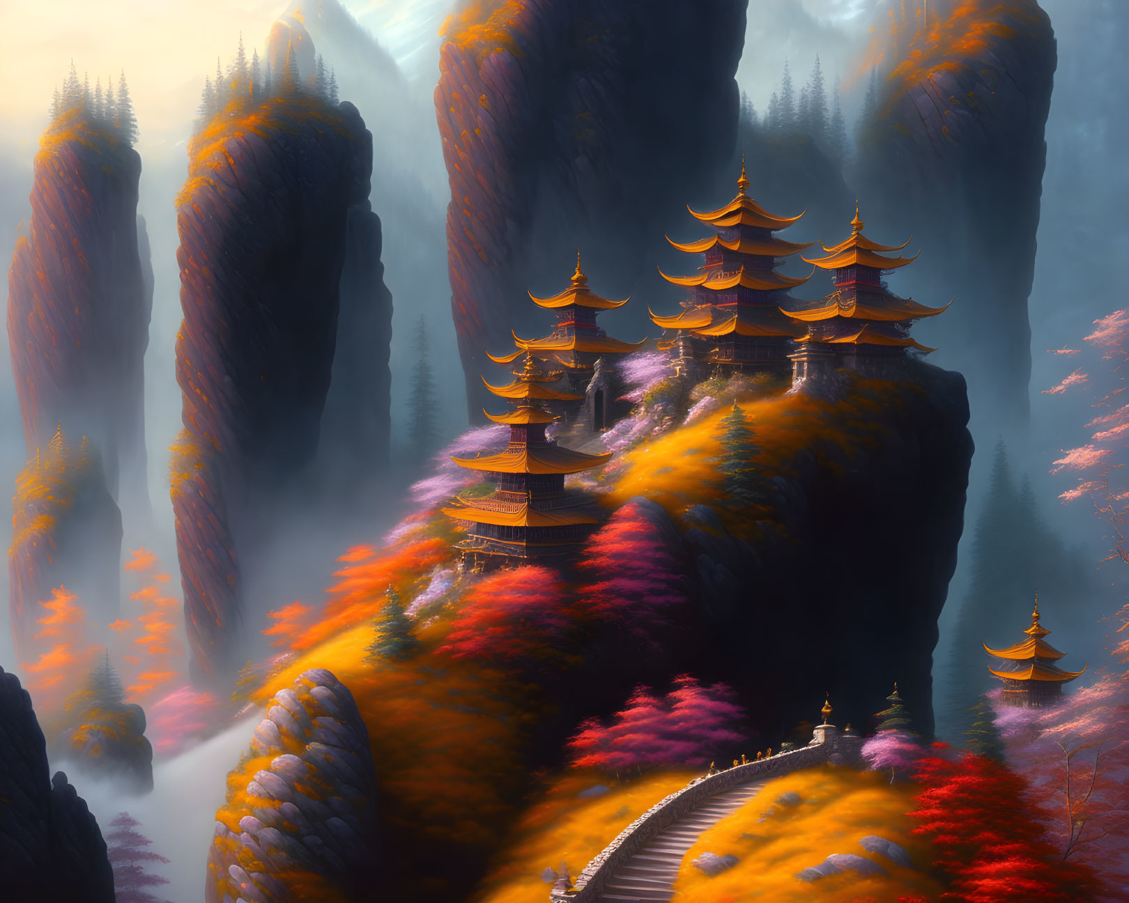 Traditional pagoda-style buildings on misty mountaintops in warm light