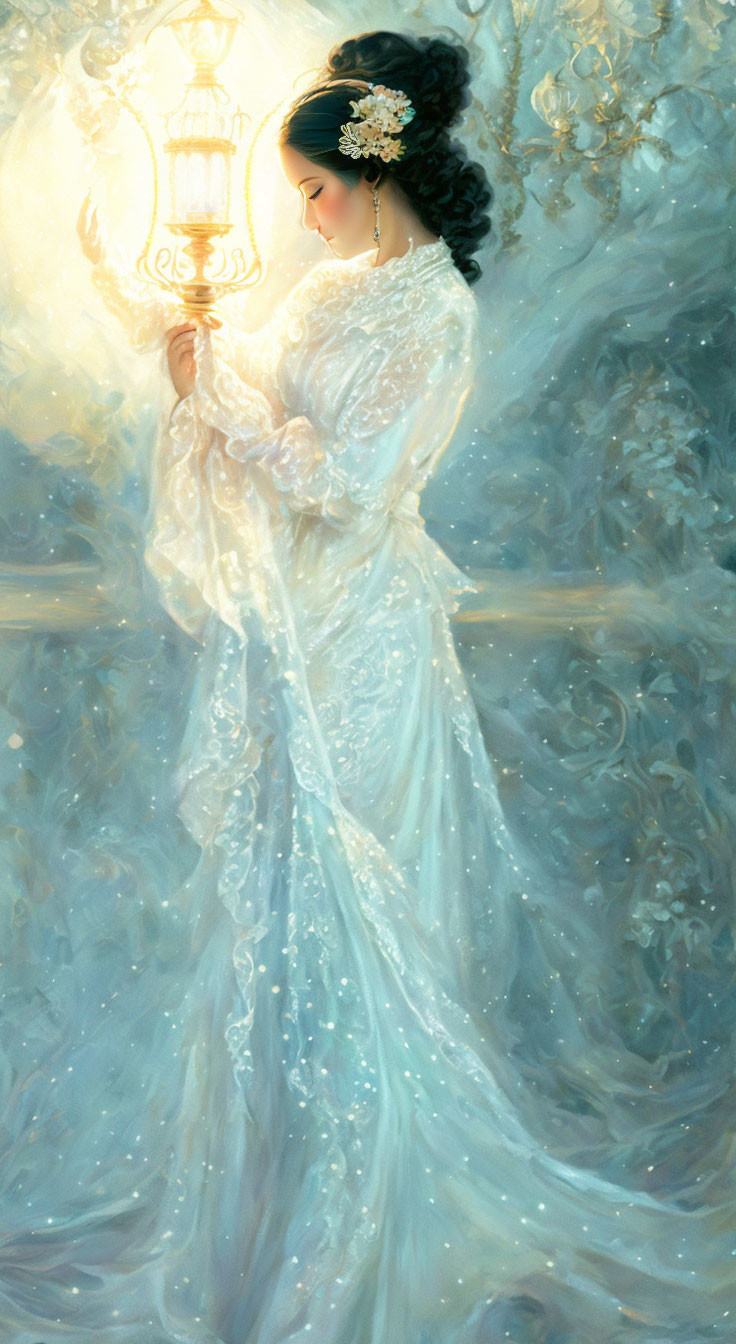 Ethereal woman in white gown holding ornate lantern in serene pose