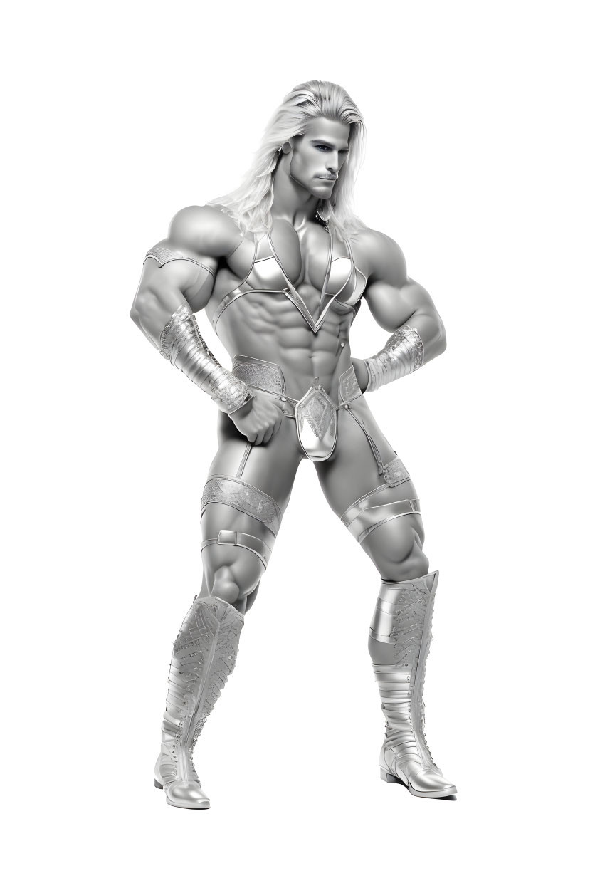 Monochrome image of muscular male in futuristic armor