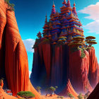 Red Cliffs with Multi-Tiered Towers and Blue Sky