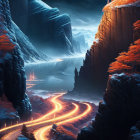 Twilight snowy mountain landscape with winding orange road