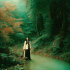 Person in Light Top and Dark Skirt in Misty Forest with Autumn Foliage