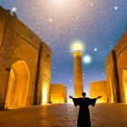 Traditional Attire Figure in Ancient Middle Eastern Alleyway at Night