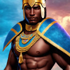 Stately warrior with golden headband and blue cape against dramatic sky