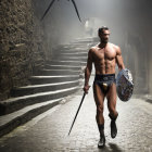 Muscular bearded gladiator with sword and shield faces giant spider on stone stairway