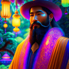 Colorful animated character in purple hat and embroidered jacket among glowing lanterns