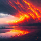 Fiery orange and red clouds over tranquil water at sunset