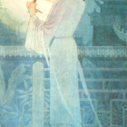 Ethereal woman in white gown holding ornate lantern in serene pose