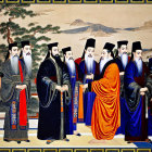 Traditional Chinese Painting: Eight Men in Ancient Robes with Mountain Landscape