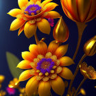 Golden flowers with purple centers on dark blue background: luxurious and mystical.